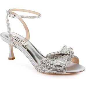 Badgley Mischka Remi Silver Satin Bow Crystal Sandal Kitten Heel Ankle Strap 7